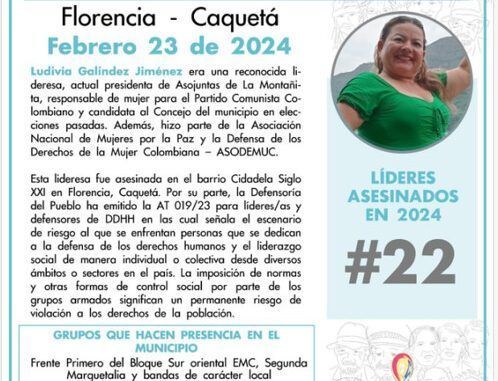 La víctima número 22 asesinada en Colombia en 2024 es una mujer